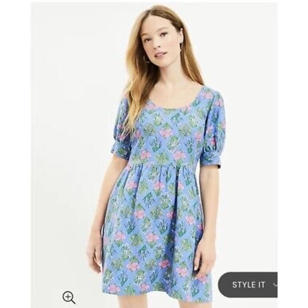 Ann Taylor LOFT Floral U-Neck Puff Sleeve Dress Size 8